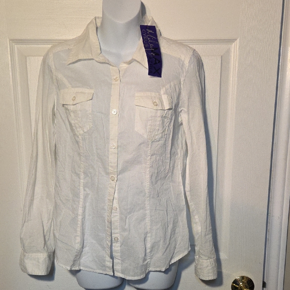 ✨️5/$30 Miley Cyrus Max Azria White Collared Cotton Shirt Sz L